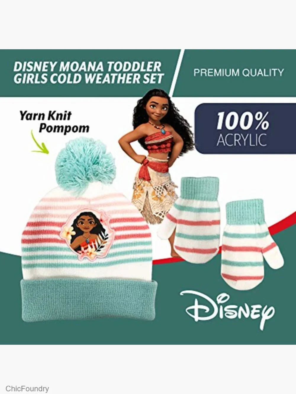 Moana Girls Beanie Hat and Mittens Set Winter Cold Weather Ages 2-7